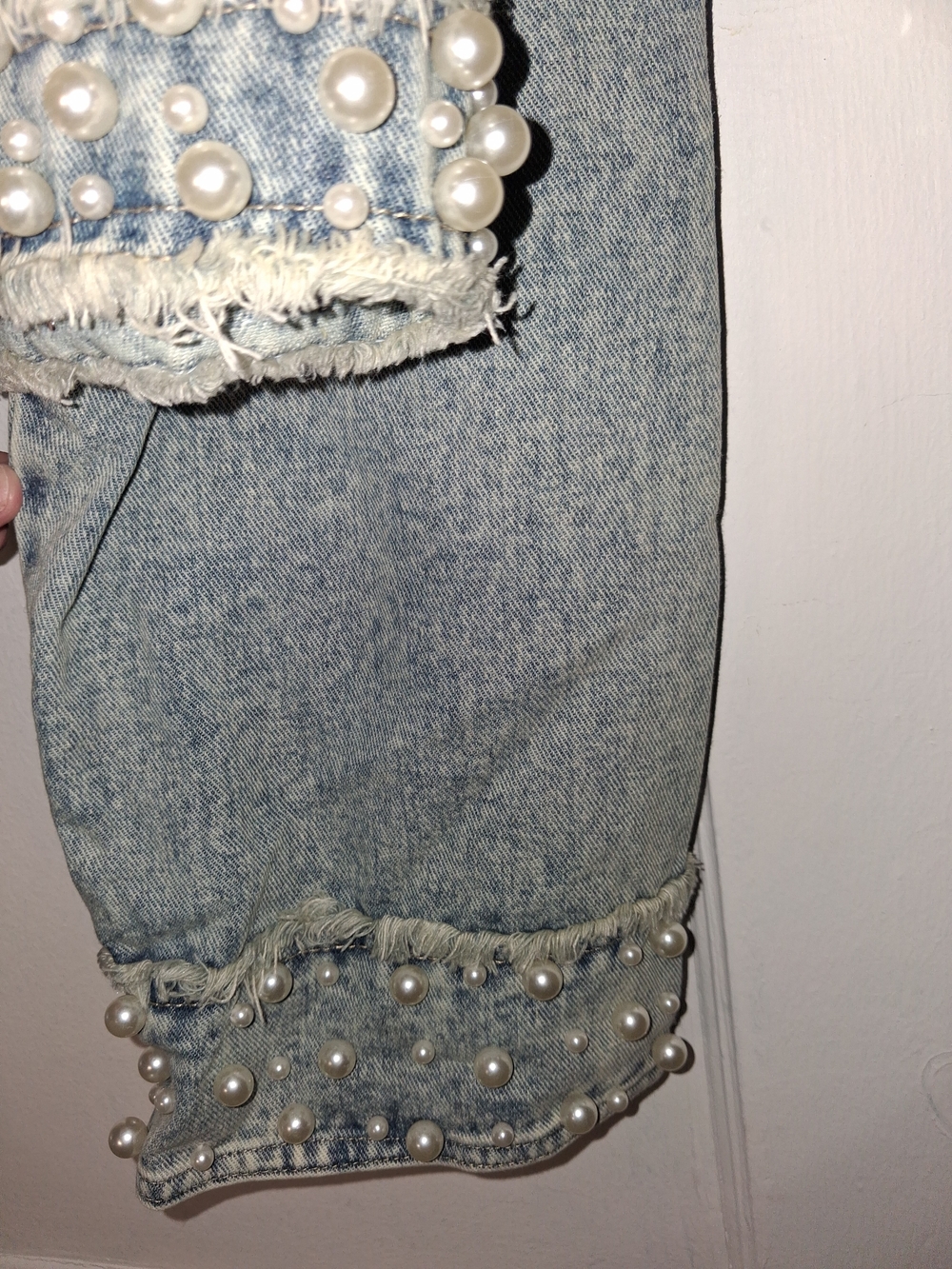 Handmade Embellished Cropped Denim Jacket with Pearls & Multicolor Gems Boutique - Picture 2 of 7